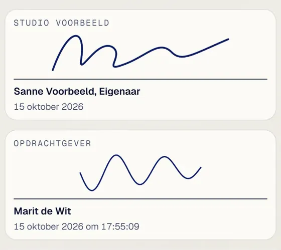 Uitsnede van het akkoord met de handtekening van de ondernemer en de klant.