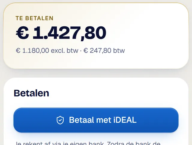 Uitsnede van de factuurpagina met het bedrag en de knop Betaal met iDEAL.