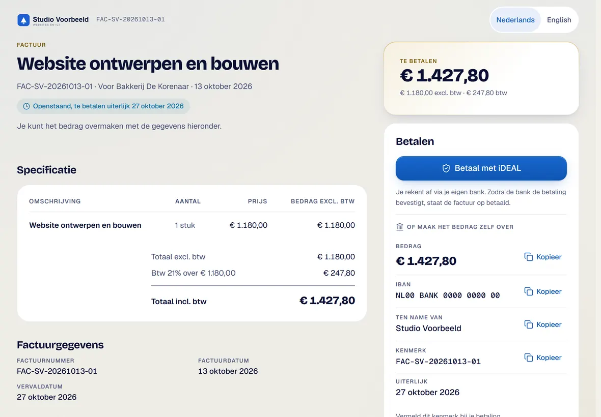 De factuurpagina van je klant op een tablet en een telefoon, met de knop Betaal met iDEAL.