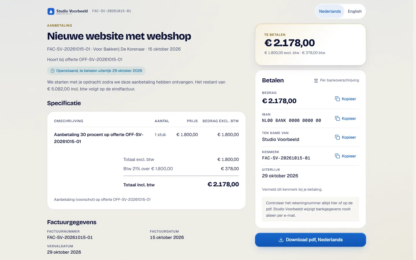 Zo ziet de factuurpagina eruit zonder Mollie