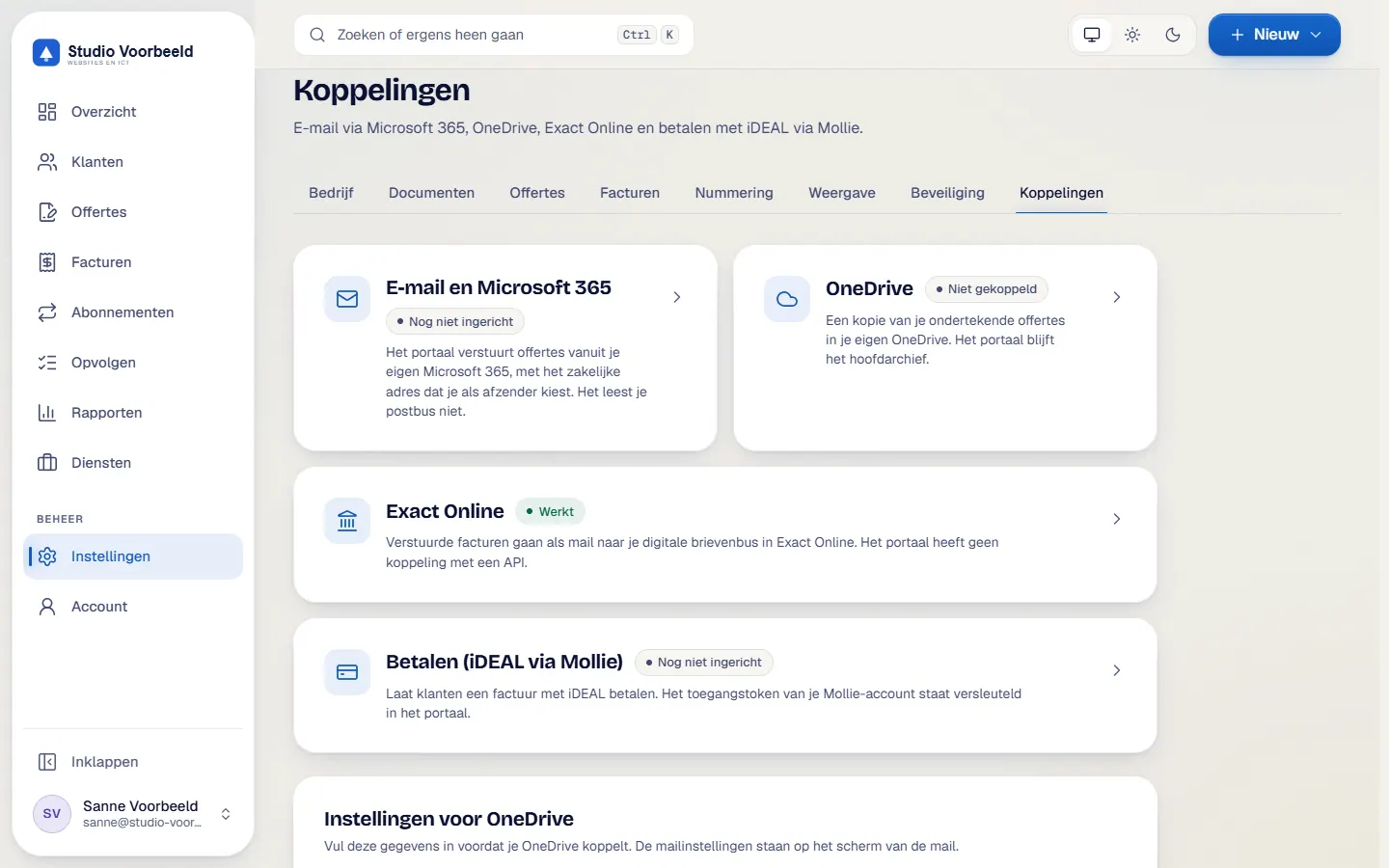 Het instellingenscherm Koppelingen met e-mail via Microsoft 365, OneDrive, Exact Online en iDEAL via Mollie, elk met een status. Zo zie je in een oogopslag wat is ingericht.