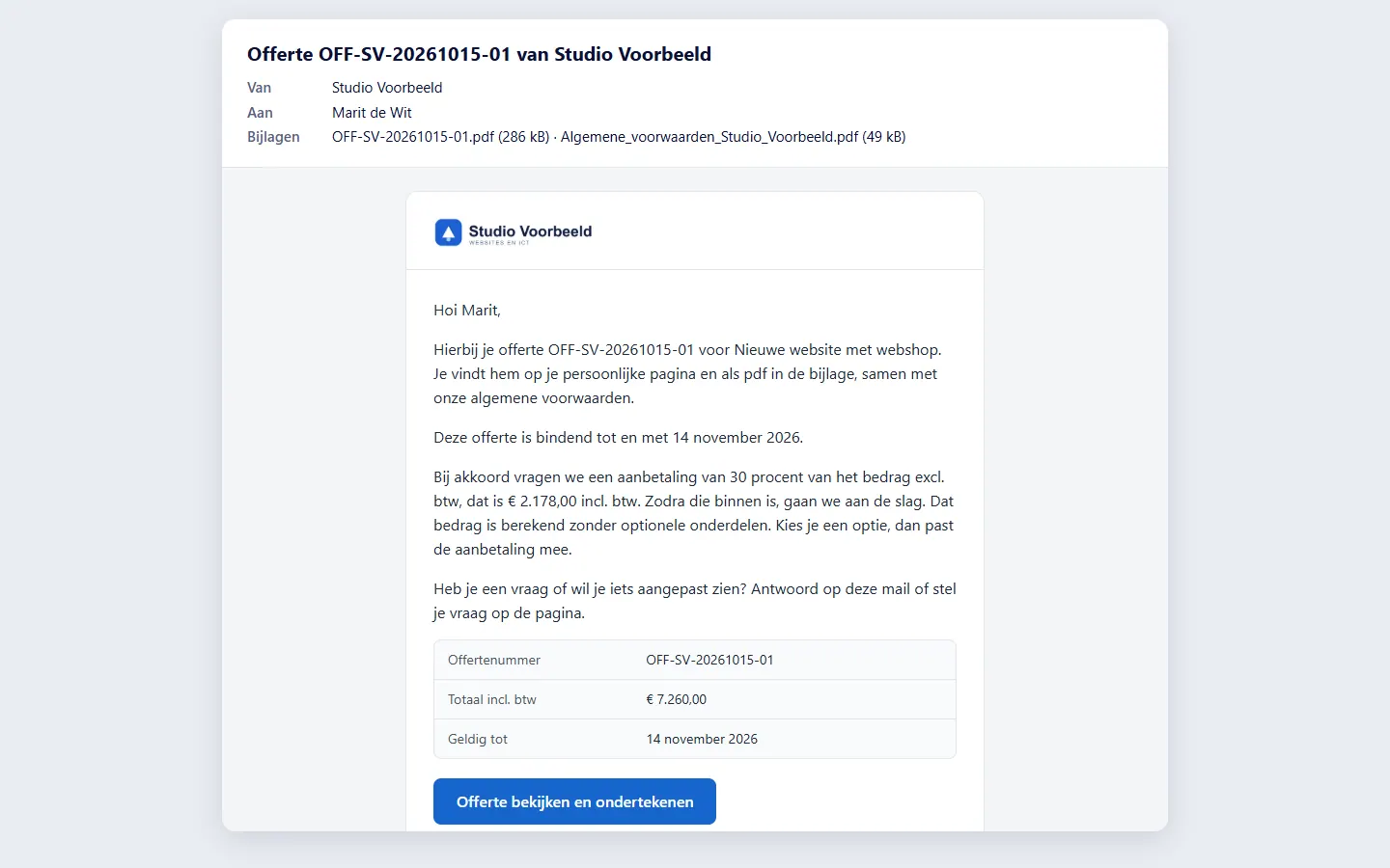 Een mail van het portaal aan een klant met de offerte en de persoonlijke link. Zo zie je wat je klant ontvangt.