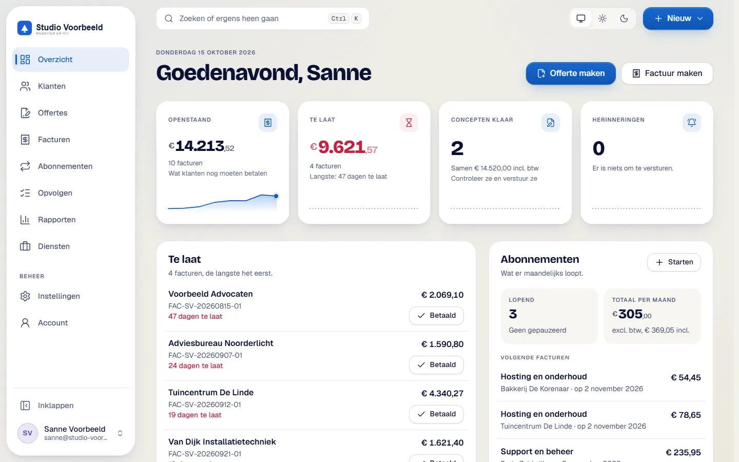 Het overzichtsscherm van Avsaro met wat openstaat, wat te laat is, de lopende abonnementen en de volgende facturen.